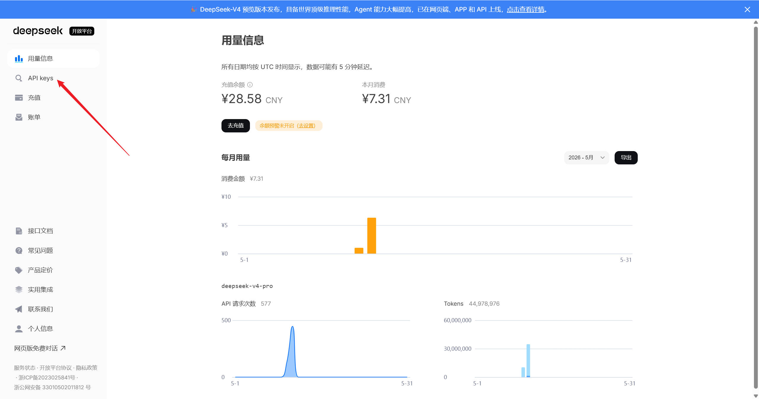 DeepSeek 开放平台 - 点击 API keys